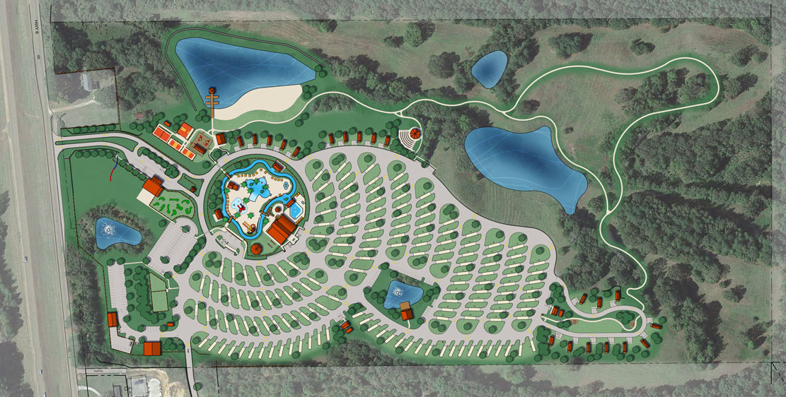 Site plan for Roundabout RV Resort near Oxford, MS, featuring well-planned RV spaces, amenities, and sustainable infrastructure designed for an optimal guest experience in outdoor hospitality.