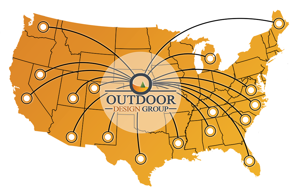 map showing Outdoor Design Group’s RV resort and outdoor hospitality project locations across the U.S., showcasing expertise in site planning, master planning, and resort development. View our completed and ongoing projects designed to enhance guest experiences with unique amenities and sustainable infrastructure