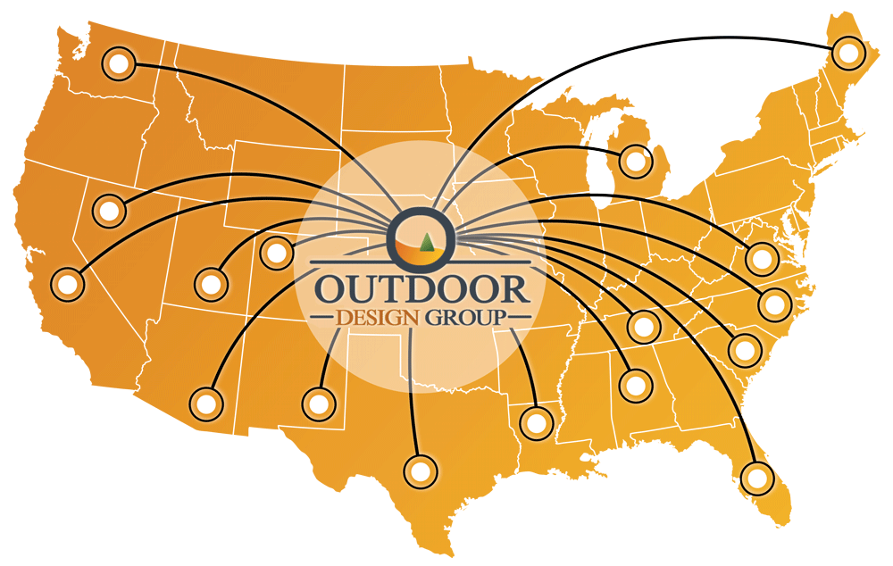 map showing Outdoor Design Group’s RV resort and outdoor hospitality project locations across the U.S., showcasing expertise in site planning, master planning, and resort development. View our completed and ongoing projects designed to enhance guest experiences with unique amenities and sustainable infrastructure